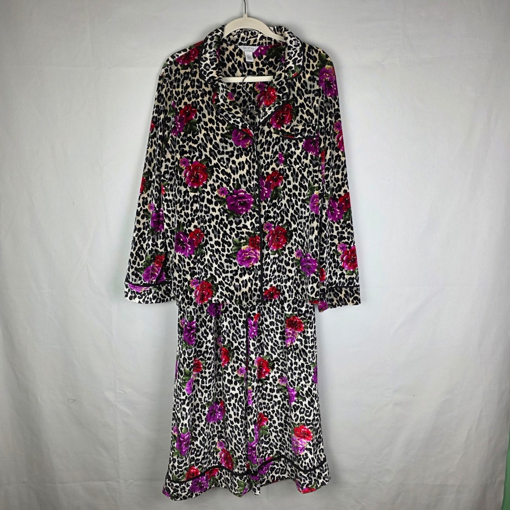 Sofia Intimates Sofia Vergara Floral Leopard Pajama Set Velvet L 12-14 Cozy Soft